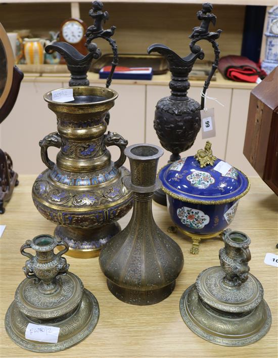 A pair of bronze ewers, a Chinese style champleve vase, an ormolu mounted bowl and cover, a hookah base and